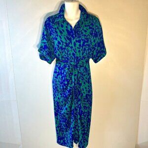 Shein SZ 8/10 Blue & Green Abstract Print Shirtdress Art to Wear Modern Office